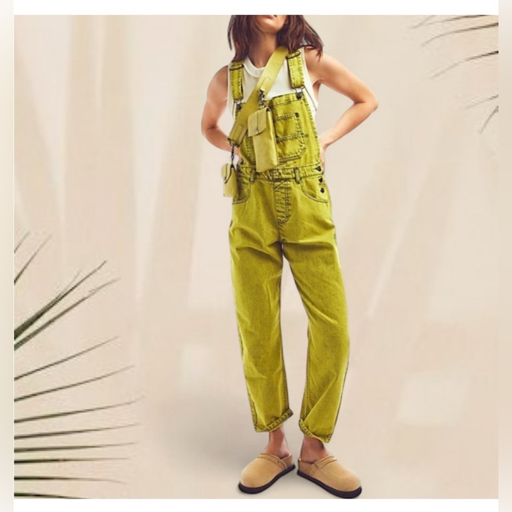Free People Ziggy Straight Leg Denim Overalls in Acid Yellow XS